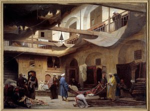 De tapijtbazaar in de Khan-Khabil in Caïro in 1866 door Louis Claude Mouchot