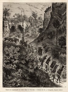 Een konvooi van kooplieden en hun dragers op weg naar Yunnan (China), gegraveerd naar de tekening van L.Delaporte, ter illustratie van de ontdekkingsreis in Indochina door Francis Garnier, luitenant van het schip, in 1866-1868, gepubliceerd in 