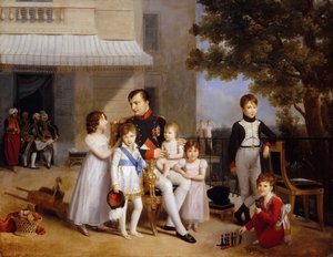 Keizer Napoleon I op het terras van het Château Saint-Cloud omringd door zijn kinderen door Louis Ducis