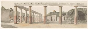 Gezicht op Romeinse kazernes en zuilenrij te Pompeï
