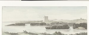 Gezicht op de kust van de Adriatische zee met een observatietoren aan de overzijde van Monopoli (Voyage en Italie, en Sicile et à Malte - 1778) door Louis Ducros