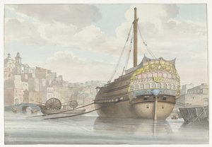 Gezicht op haven met galei schip vlakbij de werf (Voyage en Italie, en Sicile et à Malte - 1778) door Louis Ducros
