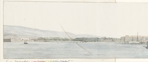 Gezicht op haven van Messina en bergen van Calabrië vanaf kade door Louis Ducros
