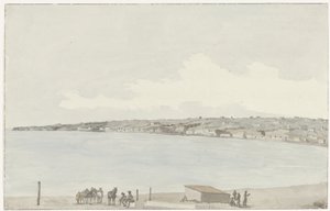 Gezicht op het voorgebergte Pausilype met oude paleis van koningin Jeanne en platteland van Sannazar vanaf het balkon van de herberg door Louis Ducros