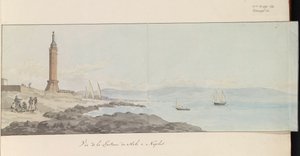 Gezicht op vuurtoren bij havenhoofd te Napels (Voyage en Italie, en Sicile et à Malte - 1778) door Louis Ducros