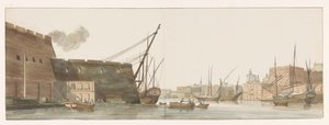 Gezicht op werf in haven van galei schepen te Malta door Louis Ducros