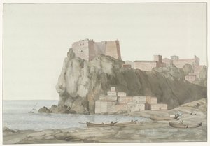 Rots en stad Scilla in de regio Calabrië aan de westkust door Louis Ducros
