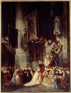 Een ceremonie in de kerk van Delft. Schilderij dat een bruiloft in Nederland in de 16e eeuw voorstelt