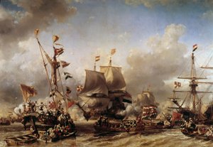 Anglo-Nederlandse Oorlog: Inscheping van de Nederlandse admiraal Michel Adrien Ruyter (1607-1676) en Willem de Witt voor de Slag bij Texel