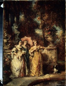 De wandeling. Drie jonge dames van goede komaf in een park. door Louis Eugene Gabriel Isabey