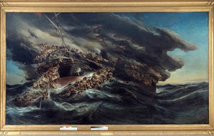 De brand van de stoomboot de Austria Scène schipbreuk van een schip de passagiers proberen te ontsnappen op de boten in de woeste zee. Schilderij door Eugene Isabey (1803-1886)