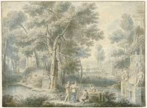 Arcadisch landschap, met rechts een fontein