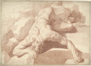 Mannelijk naakt, liggend op de buik, verkort weergegeven door Louis Fabritius Dubourg