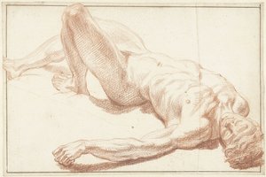 Studie van mannelijk naakt, liggend op de rug, met gestrekt been