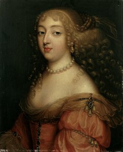 Portret van een dame, vermoedelijk Laura Mancini, hertogin van Mercoeur, buste lengte, in een rode jurk, met een parelketting en oorbellen