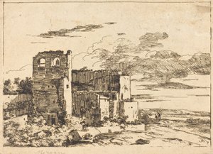 Vervallen Gebouwen bij een Rivieroever door Louis Gabriel Moreau the Elder