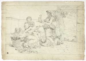 Heilige familie met engel die een waterkan draagt (recto); rechterhelft van schets voor Lunette (verso) door Louis Gauffier