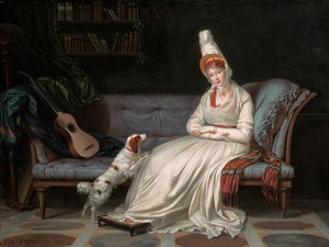 Portret van Elizabeth, Lady Webster, later Lady Holland, in een witte jurk met haar spaniël Pierrot, ca. 1795