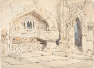 Interieur van een kerk met een muurgraf en middeleeuwse doopvont door Louis Haghe