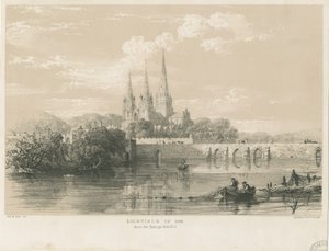Lichfield Kathedraal - Zuidwestaanzicht: getinte lithografie, 1548