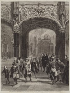 De Corporatie van Boogschutters verlaat de Kerk van Lierre, België, na het Horen van de Mis op Sint-Jorisdag door Louis Haghe