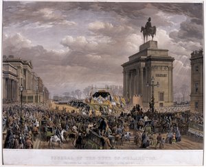 De begrafeniswagen van de hertog van Wellington (1769-1852) passeert de boog bij Apsley House op 18 november 1852, 1853 door Louis Haghe