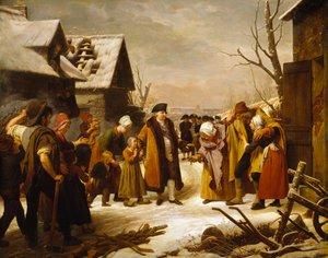 Lodewijk XVI verdeelt aalmoezen aan de armen van Versailles tijdens de winter van 1788