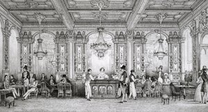 Cafe de la Banque de France gebouwd door architect Dusillon en gelegen aan Place de Victoire - Gravure van Schaal - 1839 door Louis Jacques Nicolas Schaal