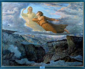 Het gedicht van de ziel; Het ideaal, een jonge vrouw opgeheven in de lucht boven een berglandschap en vergezeld door een muze in een lyrische sfeer. Lyon, Musee Des Beaux Arts
