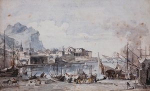 Een uitzicht op de haven van Palermo, 1777 door Louis Jean Desprez