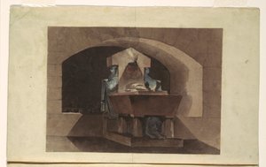 Tekening, Graf in Egyptische stijl met kariatiden en een leeuw, ca. 1779-84 door Louis Jean Desprez