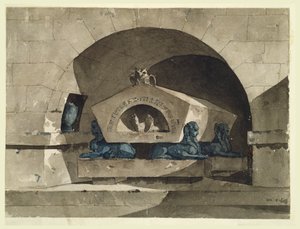 Graf in Egyptische stijl met sfinxen en een uil door Louis Jean Desprez