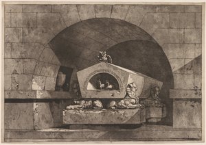 Graf met sfinx: Funerair monument met een uil op een sarcofaag ondersteund door sfinx, ca. 1779-84 door Louis Jean Desprez