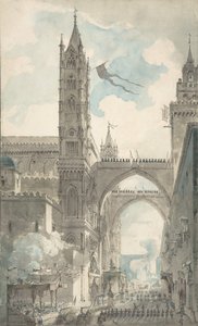Gezicht op de poort en hoofdingang van de kathedraal van Palermo tijdens het festival
