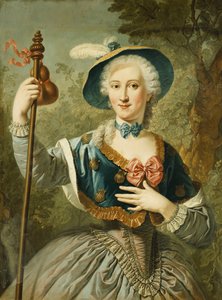 Portret van een Dame, Driekwart Lengte, Gekleed als een Pelgrim, en Dragend een Blauw Gevoerde Strohoed en Veer, 1747