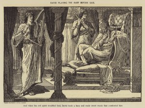 David speelt harp voor Saul door Louis John Rhead