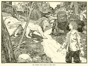 Hij zag twee leeuwen op de weg door Louis John Rhead