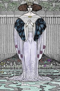 Voorstelling van de Dame van het Meer (Nimue, Viviane) Illustratie door Louis Rhead (1858-1926) voor “Koning Arthur en zijn ridders” door Louis John Rhead