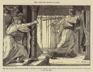 Saul werpt zijn speer naar David door Louis John Rhead