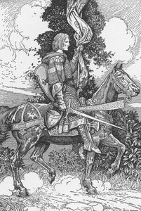 Sir Tristam rijdt naar kasteel Tintagil (Illustratie uit 