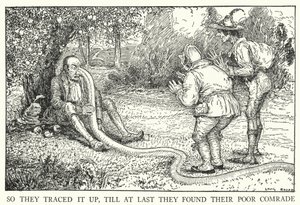 Dus volgden ze het spoor, tot ze uiteindelijk hun arme kameraad vonden (litho) door Louis John Rhead