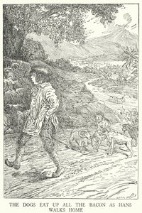 De honden eten al het spek op terwijl Hans naar huis loopt door Louis John Rhead