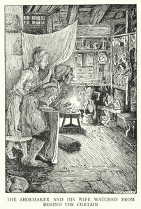 De schoenmaker en zijn vrouw keken vanachter het gordijn (litho) door Louis John Rhead