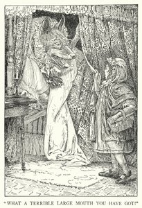 "Wat een verschrikkelijk grote mond heb je!" (litho) door Louis John Rhead