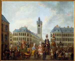 De familie van de grote handschoen van Douai. Schilderij door Louis Joseph Watteau genaamd Watteau de Lille (1731-1798) door Louis Joseph  Watteau