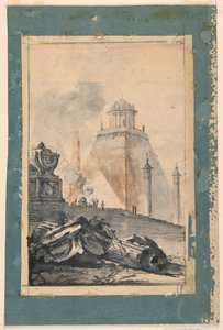 Architectonische fantasie: Een cirkelvormige tempel op een afgeknotte piramide
