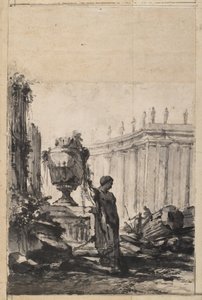 Architecturale fantasie met vaas, herm en zuilengalerij door Louis Joseph Le Lorrain