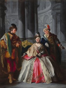 Drie figuren gekleed voor een gemaskerd bal, ca. 1740s