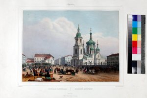 Het Sennaya-plein en de Verlosserkerk in Sint-Petersburg door Louis Jules Arnout