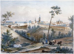 Bouvier op het Bretonse platteland (Dinan in de verte) - lithografie door Jacottet en Benoist door Louis Julien Jacottet